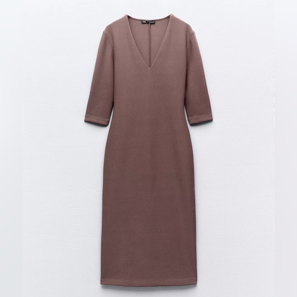 Zara Tan Long Sleeve V-Neck Dress No Tags but never worn